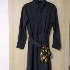 VIS 黒いシャツワンピース ウエストベルトスカーフ付き