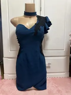 ダークブルー フリル付き タイトドレス
