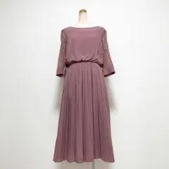 レース袖プリーツドレスワンピース ピンク L 結婚式 パーティー お呼ばれ