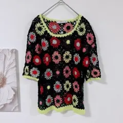 ザラ　ZARA KNIT　カラフル　半袖ニット　花柄　派手　個性的　黄色淵　M