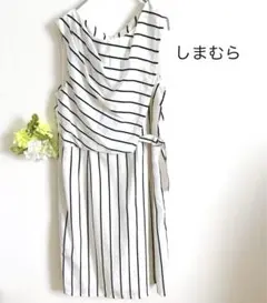 ノースリーブワンピース 13号 白黒 ストライプ お上品 パーティー お呼ばれ