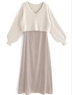 ニットトップス キャミワンピース セットアップ オフベージュ ロングワンピース