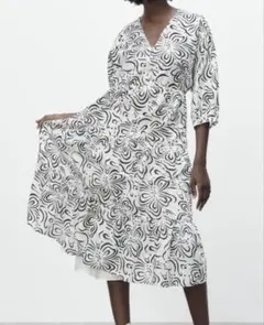 ZARA 花柄 Vネック 七分袖 シャツロングワンピース　ボタニカル