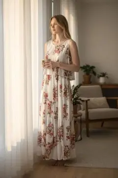 【中古美品】ジェラートピケ 花柄ルームウェア上下 F サイズ 安心パット入り