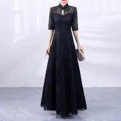韓国風　ブラックドレス スタンドネック Aライン