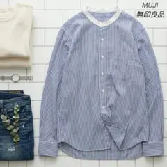 MUJI 無印良品 ストライプ ノーカラーシャツ 長袖　綿100　XS オフィス