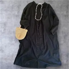 黒 ロングシャツワンピース バンドカラー マキシ丈 ゆったり 羽織り