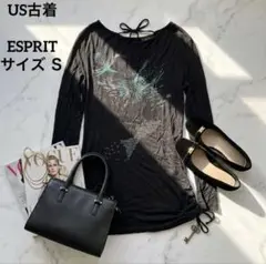 Y2K ESPRIT レーヨンブラック ラインストーン 長袖カットソーアシメＳ
