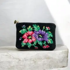 FEILER フェイラー ポーチ コインケース 花柄 刺繍 ブラック