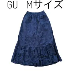 匿名配送❤️GU ロングスカート フレア 柄付き ネイビー Mサイズ