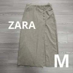 ZARA ザラ ギンガムチェック スリットスカート Mサイズ ベージュ