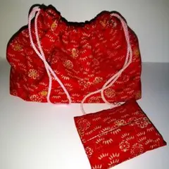 【美品】ハンドメイド 和装用 巾着袋 赤地  アンティーク昭和レトロ お正月