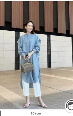 【新品　人気】バンドカラーデザインシャツワンピース ブルーのサムネイル