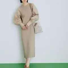 セール⭐️アダムエロペ パフスリーブコンビRIBワンピース ベージュ