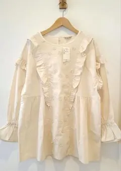 サマンサモスモス 3D 刺繍 フリル チュニック コットン ナチュラル タグ付き