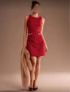 赤いノースリーブツイードワンピース