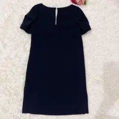 美品★Arobe ひざ丈ワンピース　パフスリーブ　パール　ネイビー　サイズ1