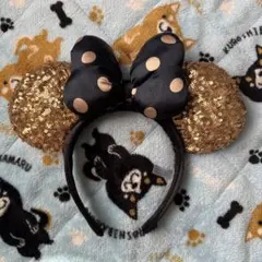 ミニーマウス　スパンコールカチューシャ 金 青リボン