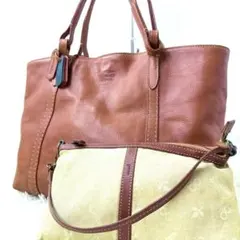 【美品】genten トートバッグ レザー ブラウン 工具ロゴ ポーチ付 A4