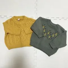 冬ニット　マスタード　緑　カーキ　花柄刺繍　80 90