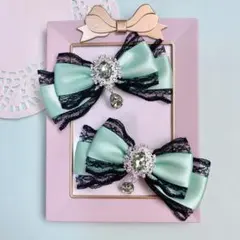 【ハンドメイド】リボン ヘアクリップ ミントグリーン 2個セット 量産型 地雷系