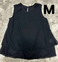 シフォン　タンクトップ　カジュアル　クルーネック　フリル　軽量　通気性　ブラック