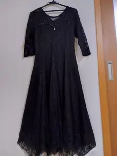 社交ダンス衣装ロングドレス黒 レース ドレス オーロララインストーン付