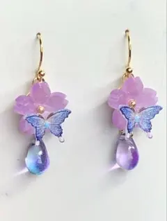 881/桜とチェコビーズのフックピアス(イヤリング変更可)