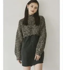 【美品】MURUA 重ね着風　レイヤード　シャツ　ニット　黒　グレー　M