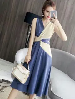 2021年 新作 春 ノースリーブバイカラーワンピース おしゃれ 被らない %