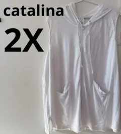 catalina 【2X】フード付きパーカー ホワイト　無地　タオル地　袖なし
