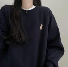 NUGU ラビット刺繍 オーバーサイズスウェット トレーナー ネイビー