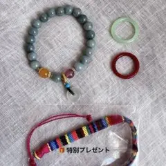 【美品】天然石ブルーカルセドニー数珠 & 琉璃リングセット（おまけ編み紐付き）