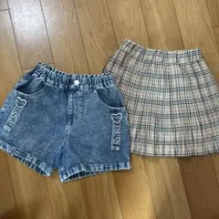 ベージュ・黒チェックプリーツスカートとデニムショートパンツセット　130