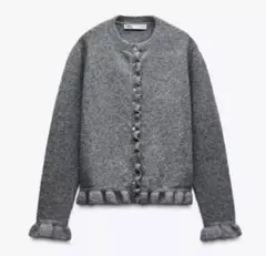 美品　ZARA フリルニットカーディガン　グレー　Sサイズ