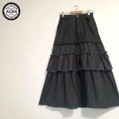 【美品】フレアスカート　デニム　フリル　　ガーリー　ロング丈　黒　ブラック　M