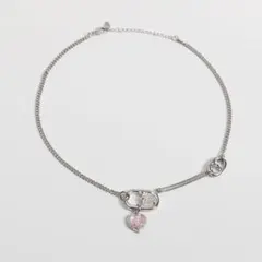 ハート型チャーム付きシルバーネックレス ピンクストーン S925 シルバー