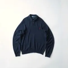 Ralph Lauren 長袖 ピマコットン ニットポロシャツ 紺 XLのサムネイル