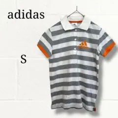 adidas アディダス ポロシャツ S ボーダー グレー オレンジ ロゴ刺繍