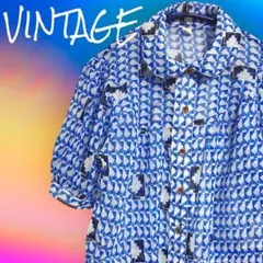 爽やか レトロ ヴィンテージ  総柄 モザイク柄 パフスリーブ シフォン シャツのサムネイル