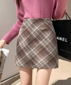 チェック 台形 ミニスカート ブラウン インパン付き