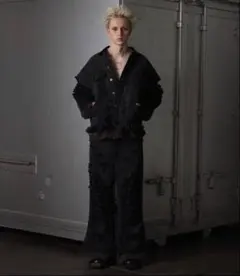 グランシースウェットドッキングデザインダメージバギーデニムパンツ