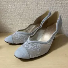 美品　カネマツ　水色 レース ブライダル　パンプス　春　夏　綺麗　可愛い　結婚式