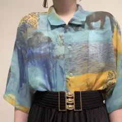 水色系 ゾウ 象 ピクチャー 透け感 涼しげ オーバーサイズ 半袖 柄シャツのサムネイル