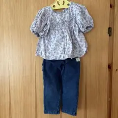 80cm 花柄ブラウスとデニムパンツセット