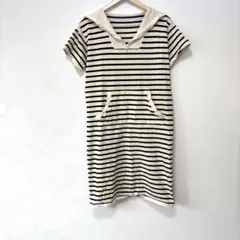 アイボリー/ブラック　ストライプ柄襟付きワンピース