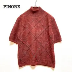 ピノーレ　半袖ニット ハイネック ボルドー　Ｍ　格子柄 上品 きれいめ　女っぽ