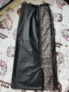 シュリーブ レザー風合皮 ブラック ヒョウ柄 タイトロングスカート スリット
