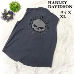 【人気】ハーレーダビッドソン ノースリーブシャツ　グレー　スカル　ダメージ加工
