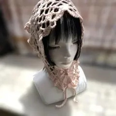 ピンク コットンバブーシュカ　ヘアアクセサリー　ガーリー　三角巾　手編み　鍵編み